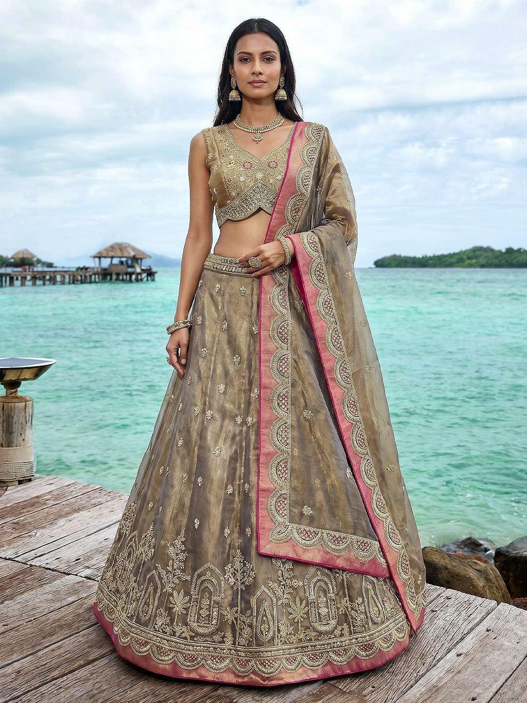 DESIGNER BOLLYWOOD BRIDAL WEDDING PARTY WEAR TISSUE SILK COFFEE LEHENGA CHOLI MOTI WORK NT 6316 B