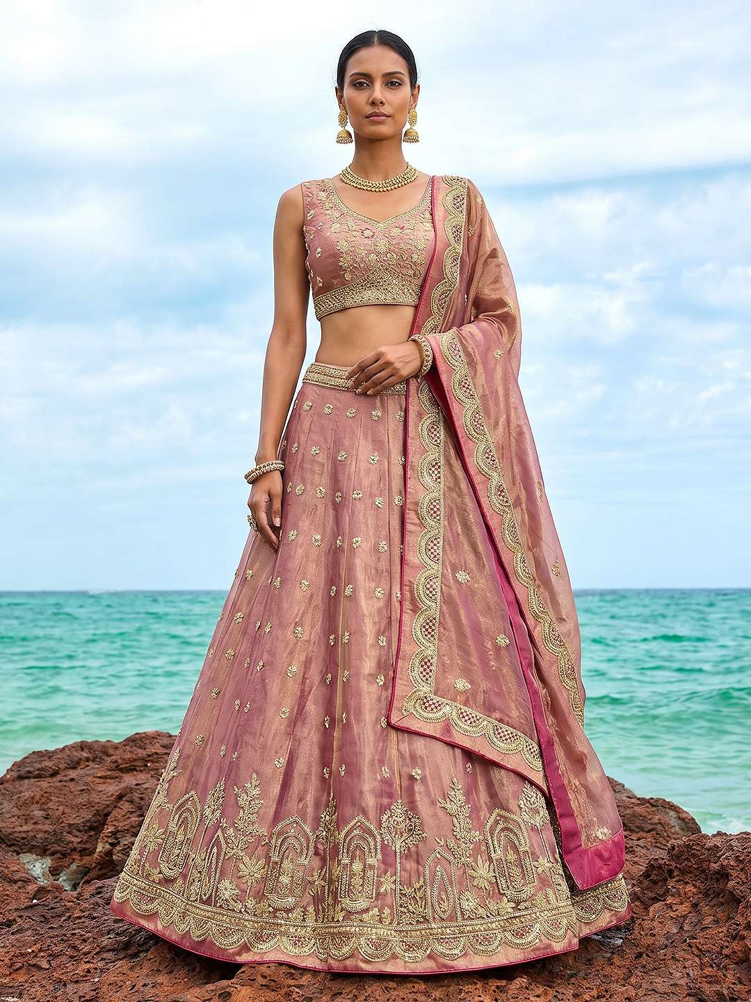 DESIGNER BOLLYWOOD BRIDAL WEDDING PARTY WEAR TISSUE SILK PINK LEHENGA CHOLI MOTI WORK NT 6316 D
