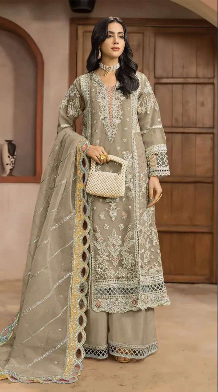 DESIGNER FANCY PARTY WEAR CHIFFON CHIKU PAKISTANI SALWAR SUIT SHF 1232 D