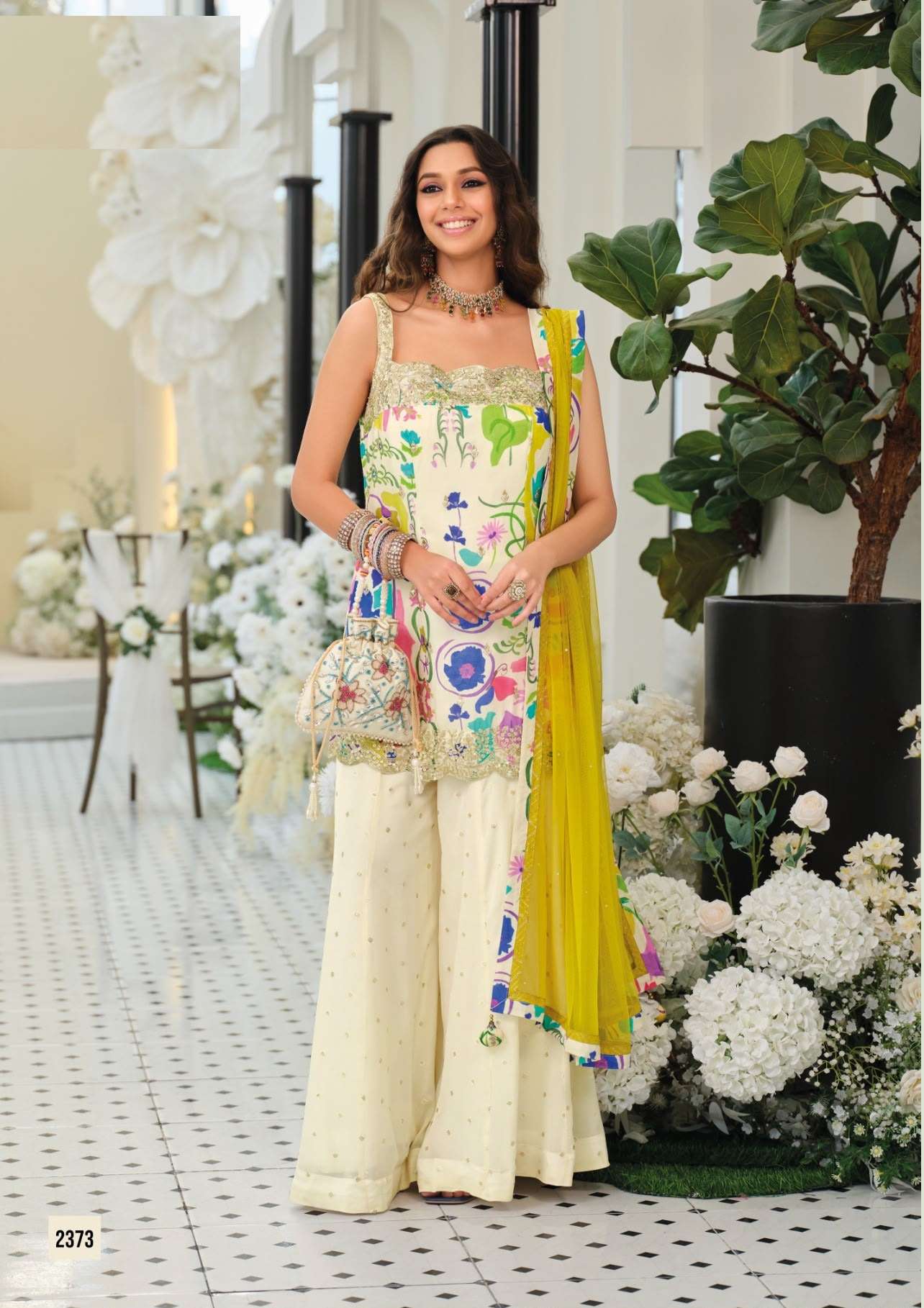 DESIGNER FANCY PARTY WEAR HEAVY CHINON WHITE PRINTED READYMADE SHARARA SALWAR SUIT PALAZZO EB 2373