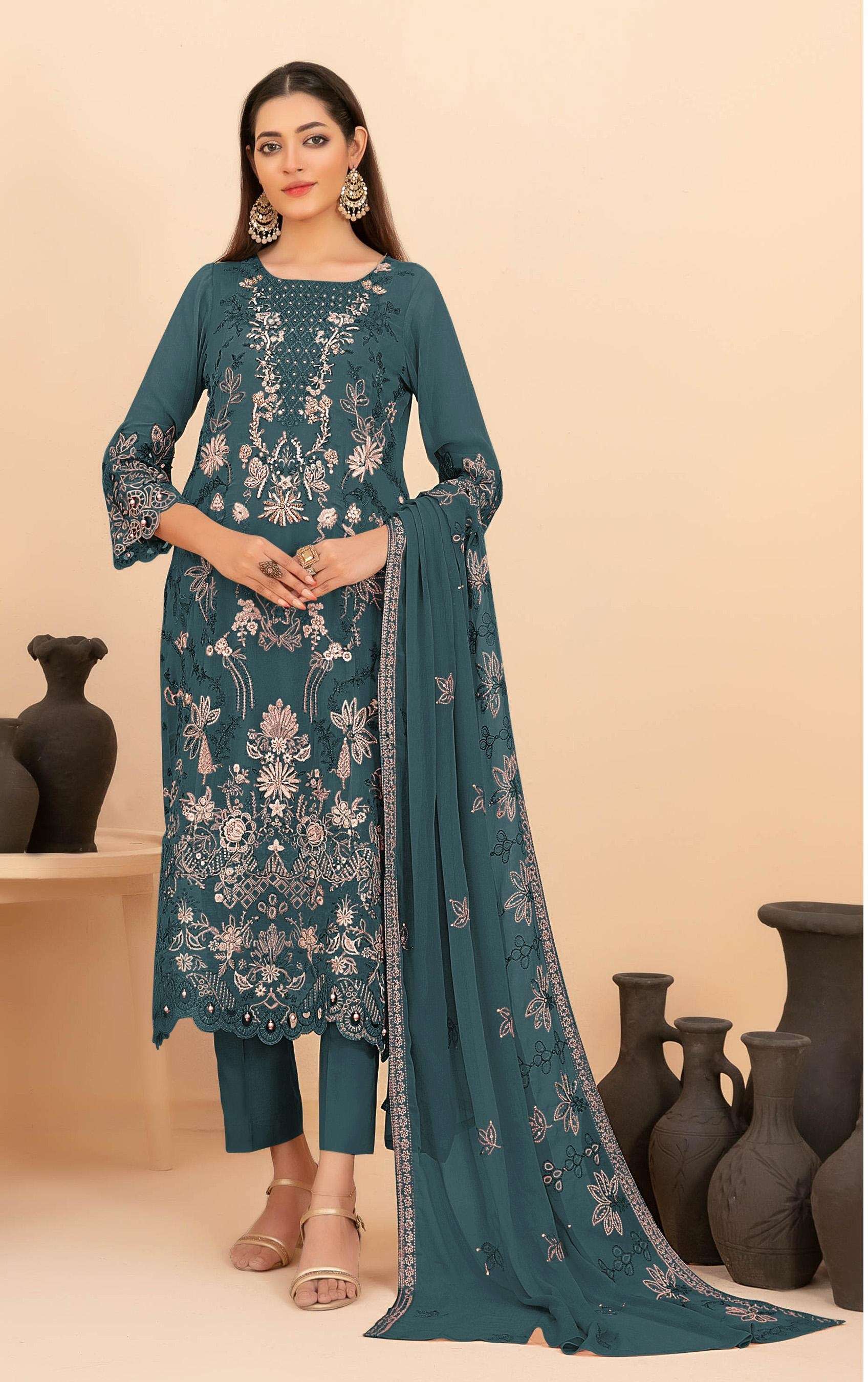DESIGNER FANCY PARTY WEAR RANGOLI CRUSH SILK DEEP BLUE PAKISTANI SALWAR SUIT JG 5252 A