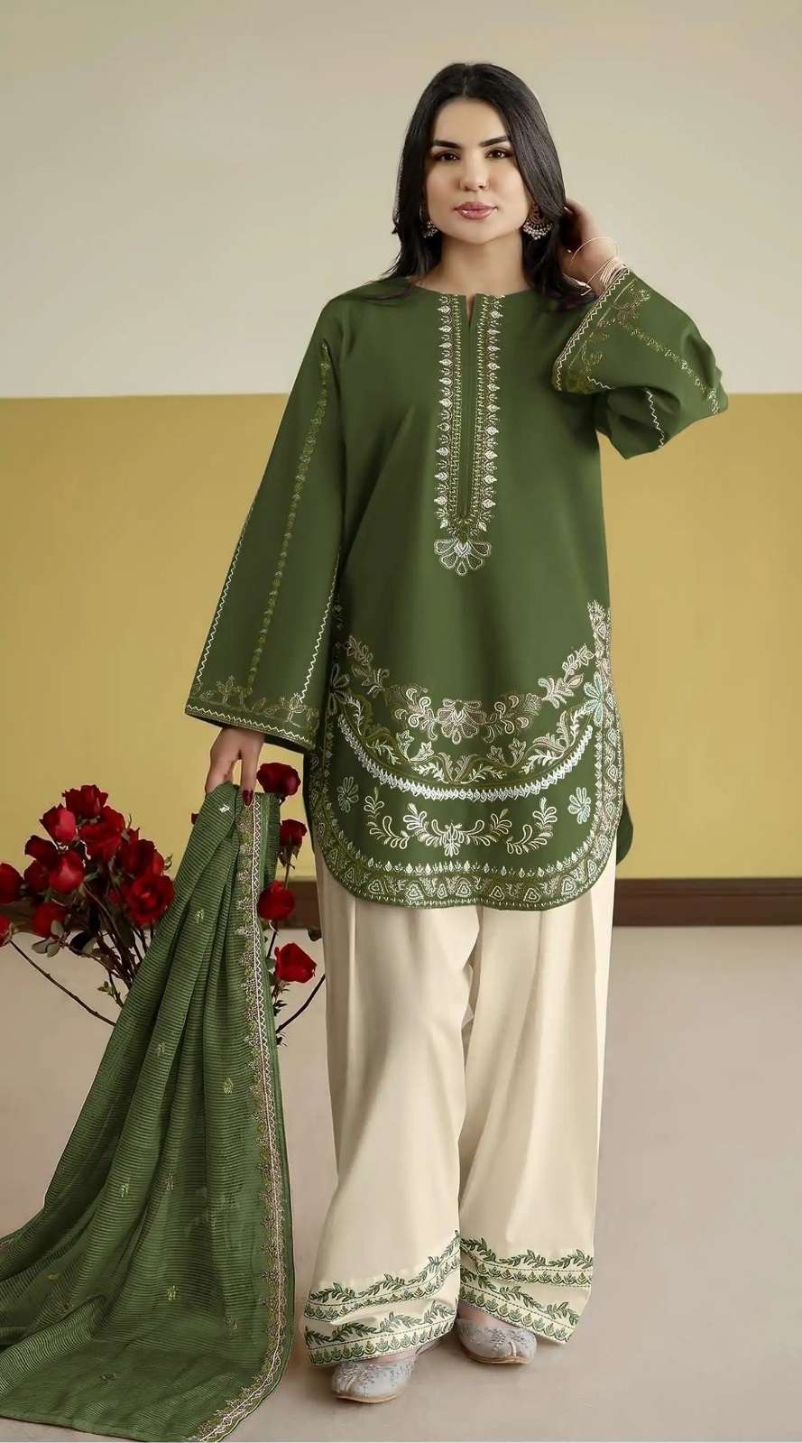 DESIGNER FANCY PARTY WEAR ROMAN SILK GREEN SHARARA PALAZZO SALWAR SUIT SHF 1233 D