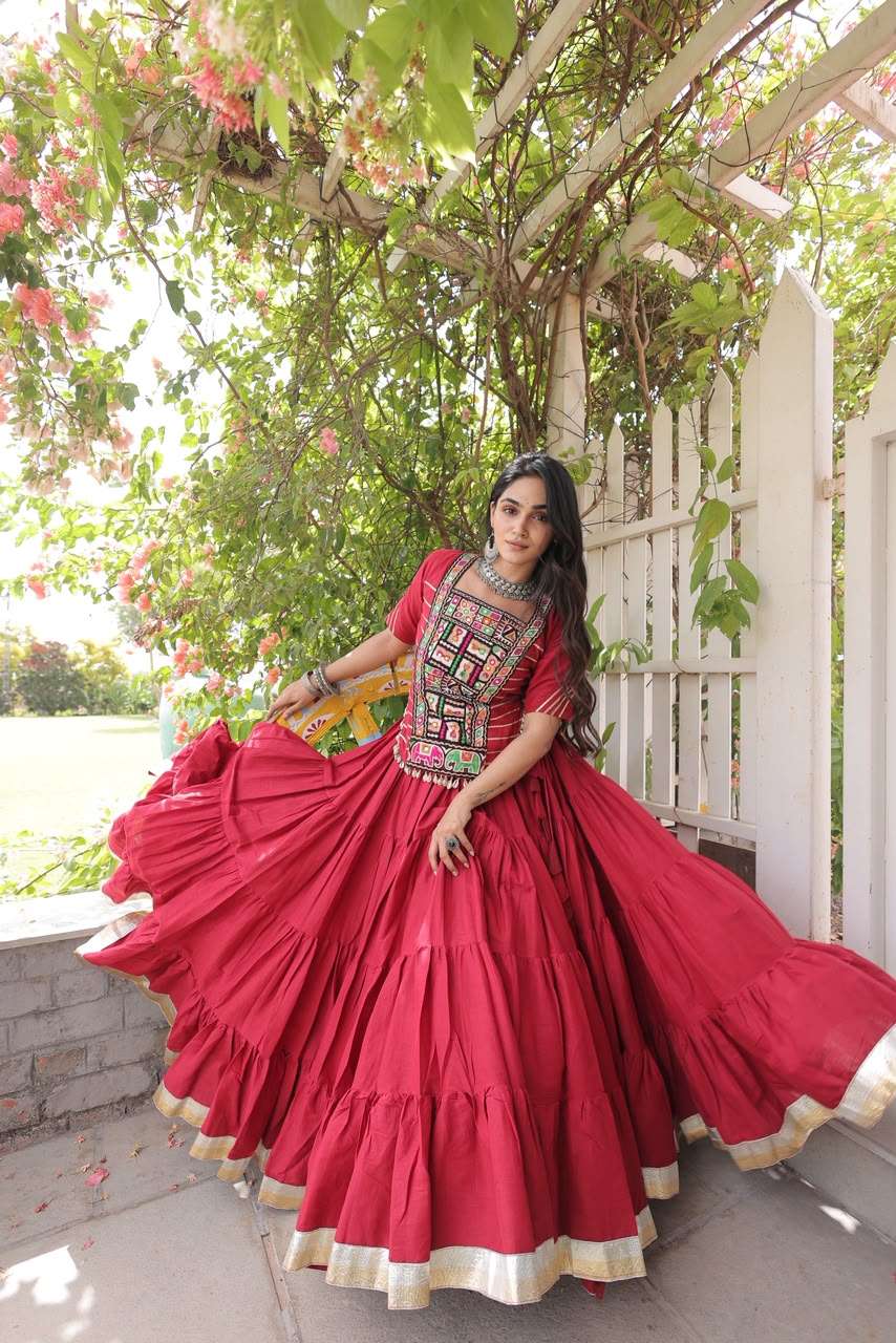 DESIGNER NAVRATRI WEAR RED COTTON LEHENGA KU 5078 A