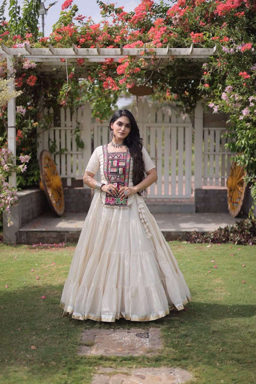 DESIGNER NAVRATRI WEAR WHITE COTTON LEHENGA KU 5078 D