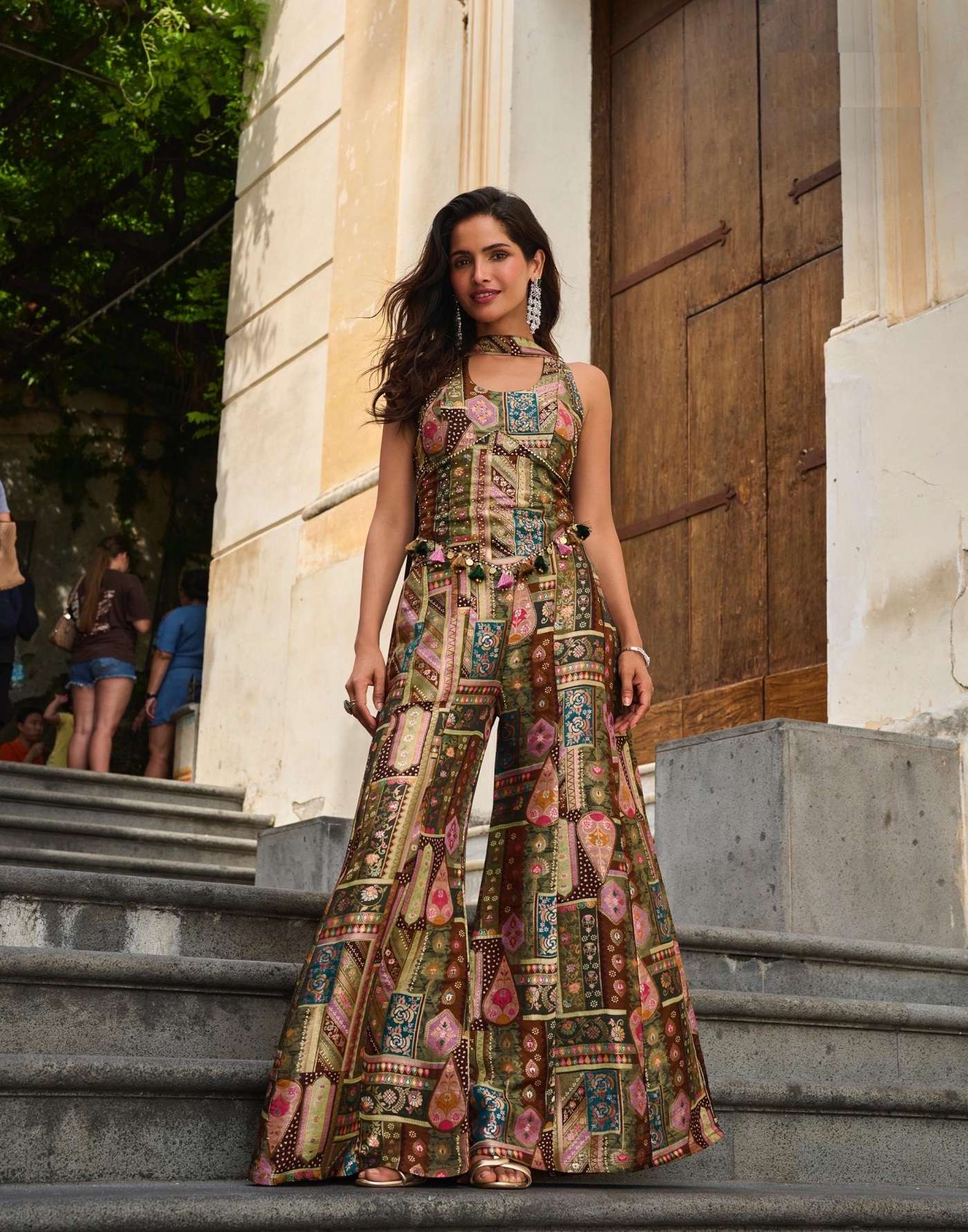 DESIGNER WEDDING PARTY WEAR JACQUARD SILK MULTICOLOR SHARARA PALLAZO SALWAR SUIT SY BANARASI 20041