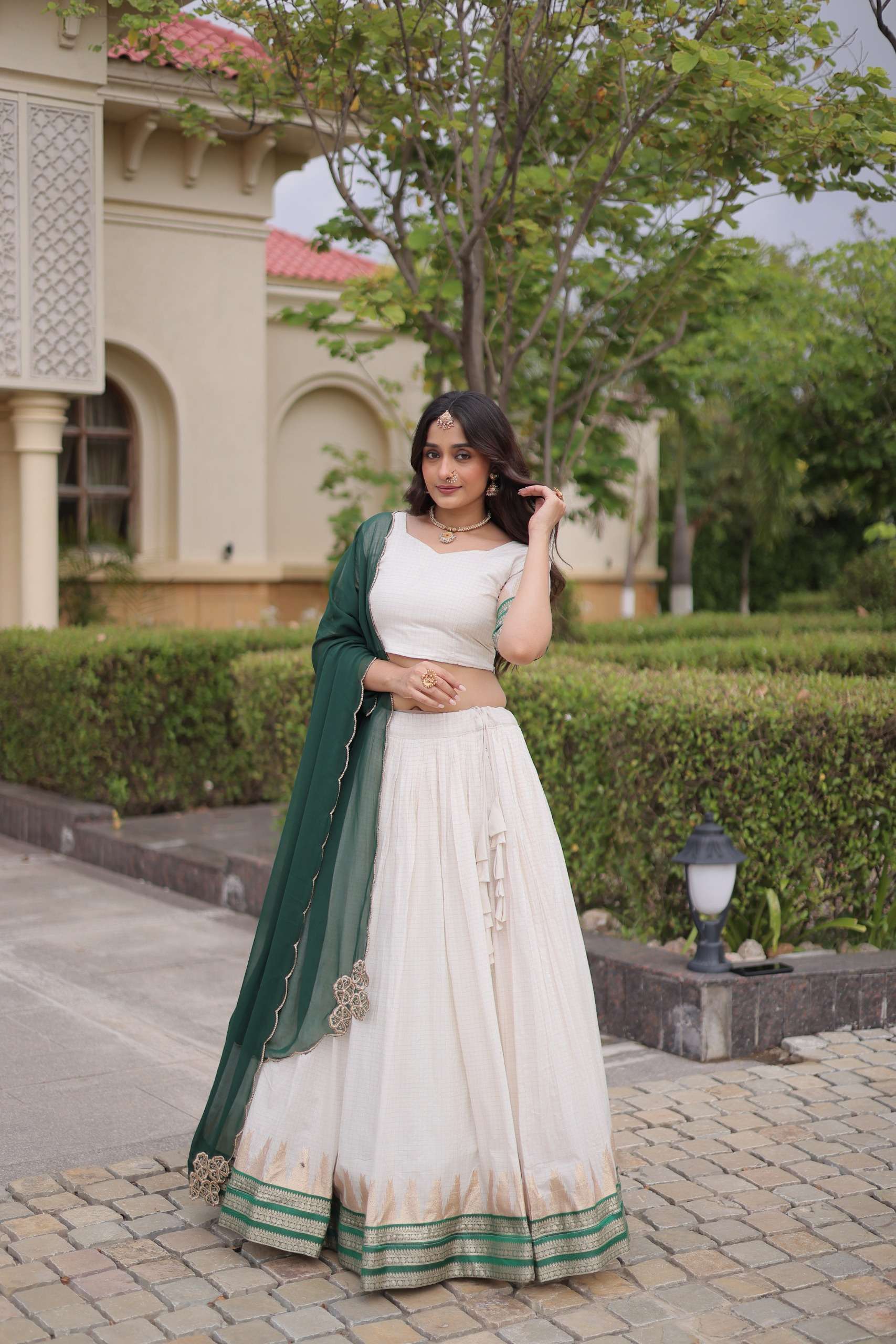 HEAVY JACQUARD SILK PREMIUM WHITE GREEN NAVRATRI LEHENGA CHOLI LW 7177 A