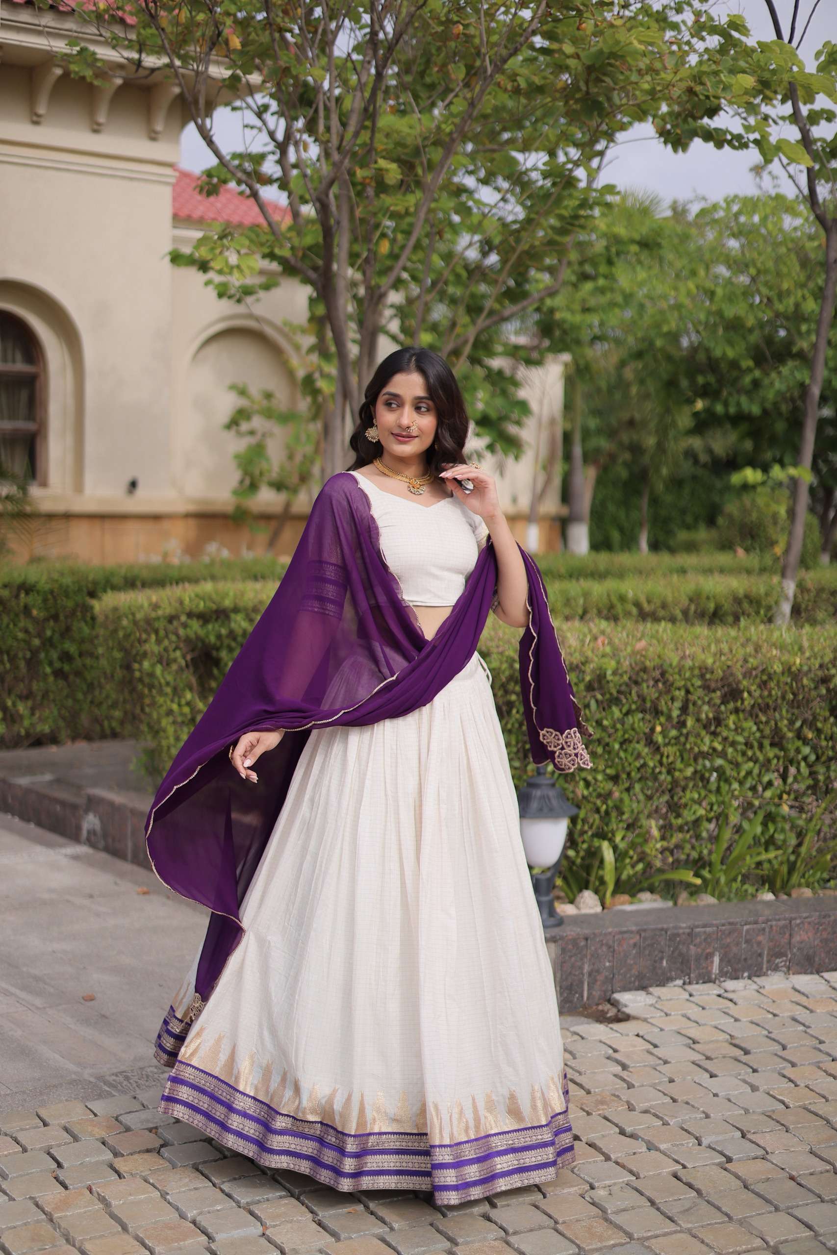 HEAVY JACQUARD SILK PREMIUM WHITE PURPLE NAVRATRI LEHENGA CHOLI LW 7177 C