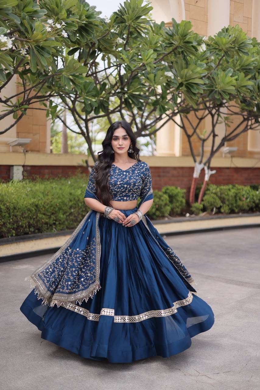 INDIAN DESIGNER BOLLYWOOD WEDDING PARTY WEAR HEAVY SATIN BLUE NAVRATRI LEHENGA CHOLI KU 5073 D