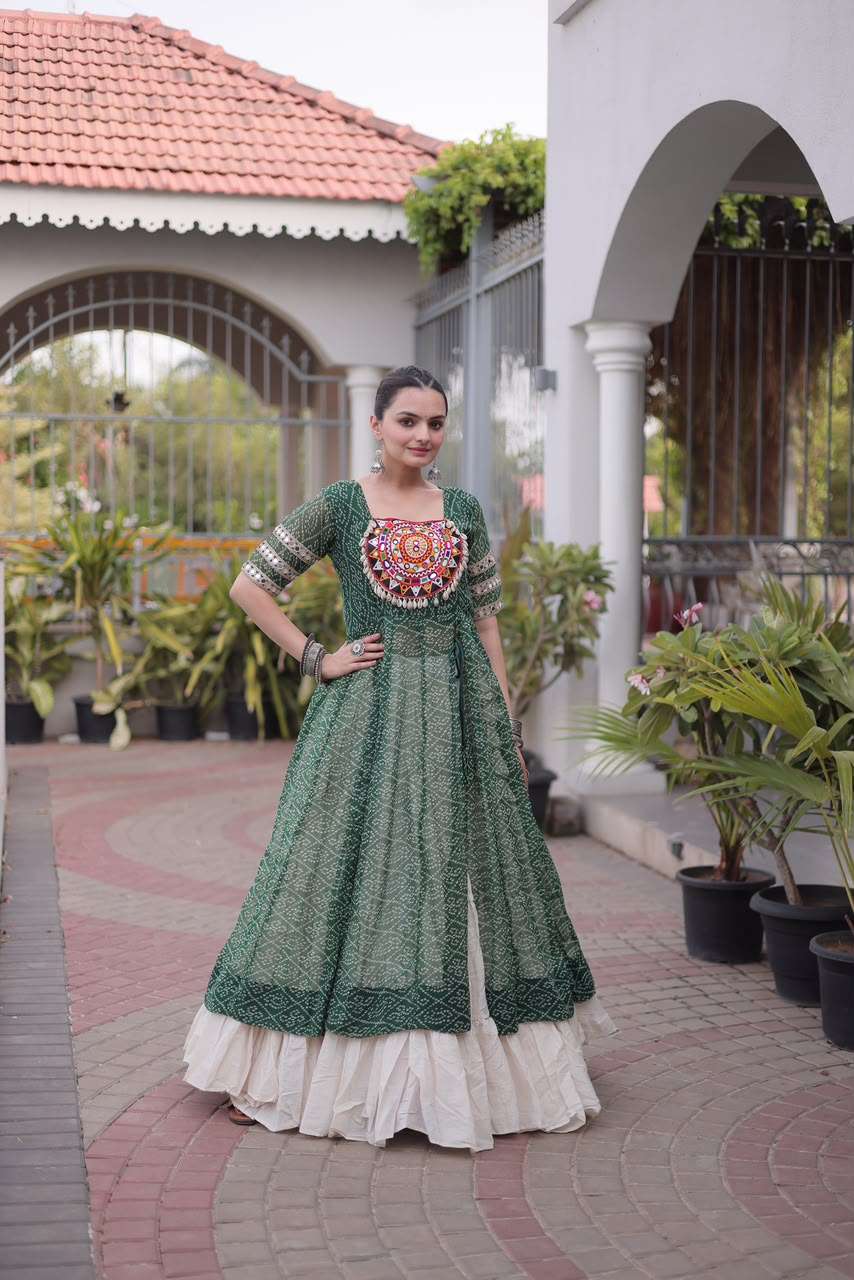 READYMADE NAVRATRI WEAR COTTON WHITE LEHENGA GREEN BANDHANI PRINT KURTI COLLECTION KU 1266 A