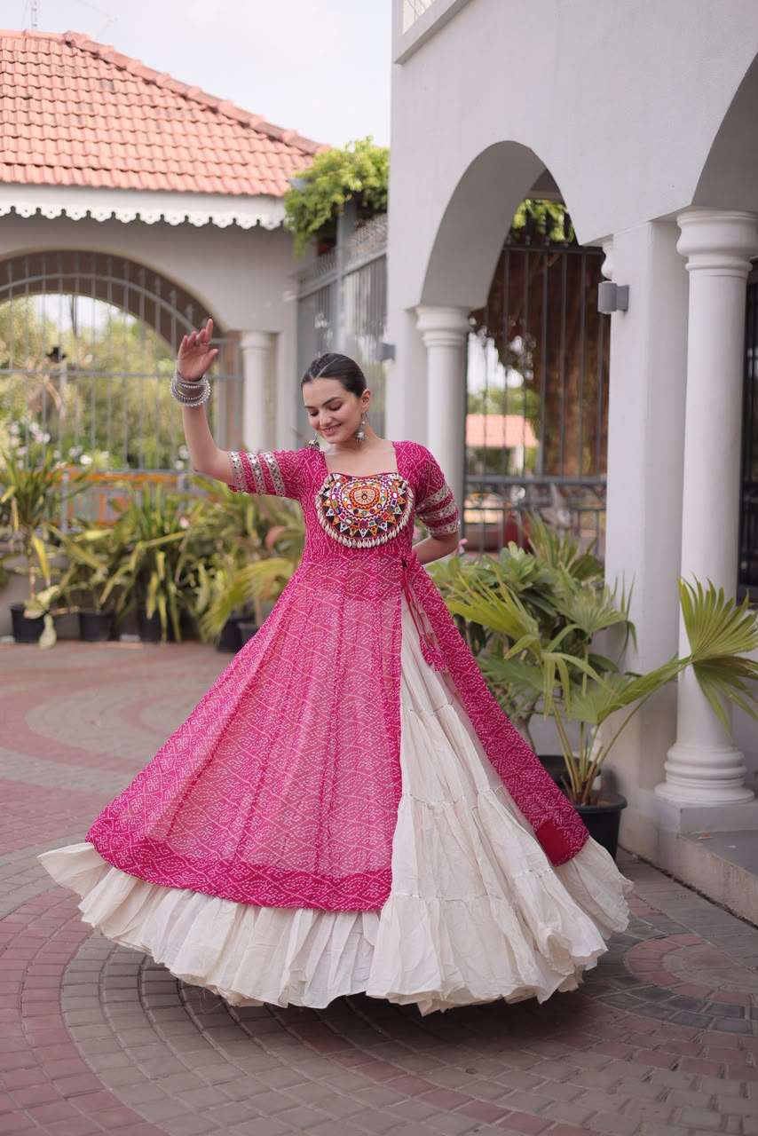 READYMADE NAVRATRI WEAR COTTON WHITE LEHENGA PINK BANDHANI PRINT KURTI COLLECTION KU 1266 B