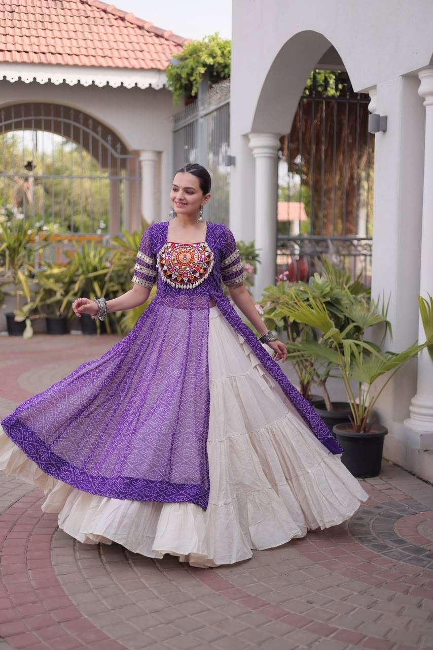 READYMADE NAVRATRI WEAR COTTON WHITE LEHENGA PURPLE BANDHANI PRINT KURTI COLLECTION KU 1266 D
