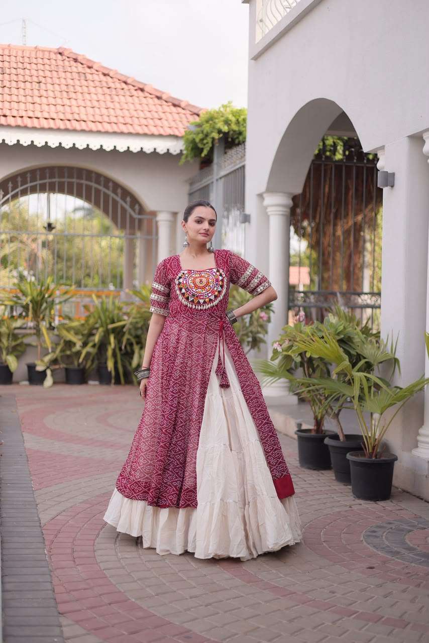 READYMADE NAVRATRI WEAR COTTON WHITE LEHENGA RED BANDHANI PRINT KURTI COLLECTION KU 1266 C