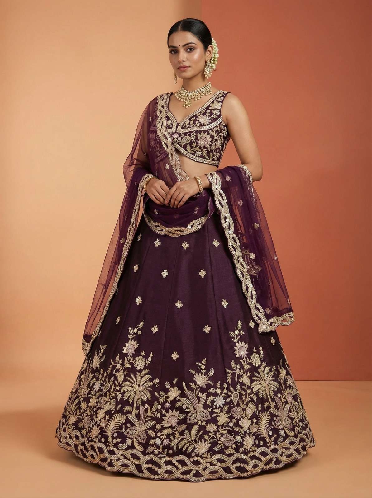 DESIGNER BOLLYWOOD BRIDAL WEDDING PARTY WEAR TISSUE SILK WINE LEHENGA CHOLI SENHORA DRESSES NT 6332 B