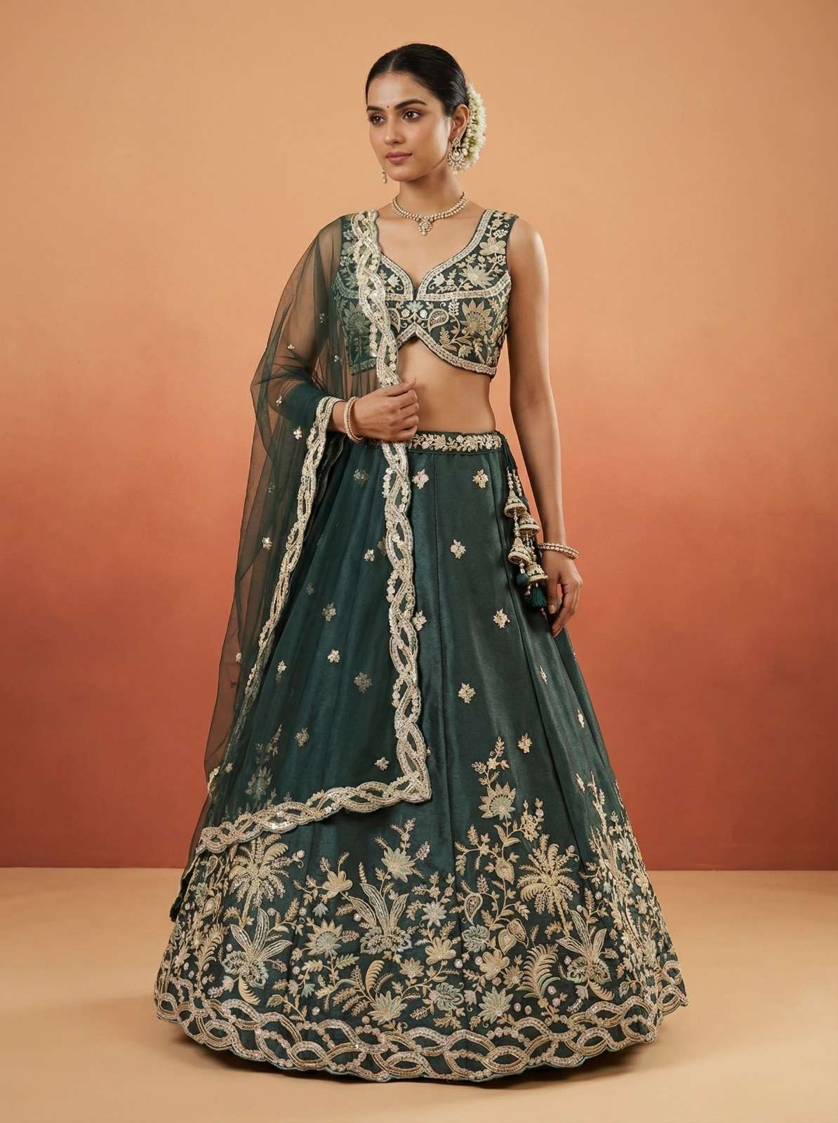 DESIGNER BOLLYWOOD BRIDAL WEDDING PARTY WEAR TISSUE SILK GREEN LEHENGA CHOLI SENHORA DRESSES NT 6332 C