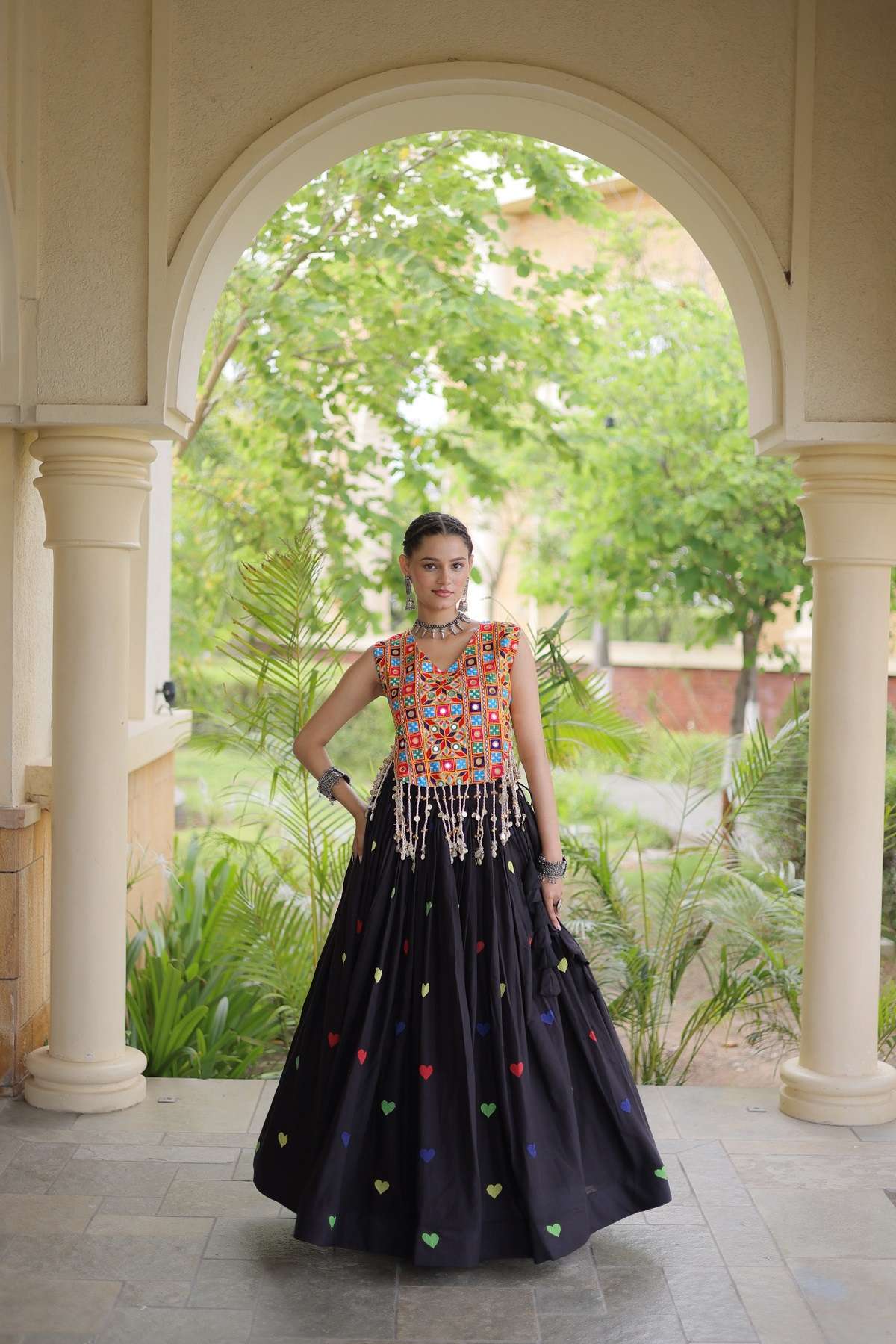 DESIGNER WEAR READYMADE COTTON BLACK NAVRATRI LEHENGA LW 7181 A