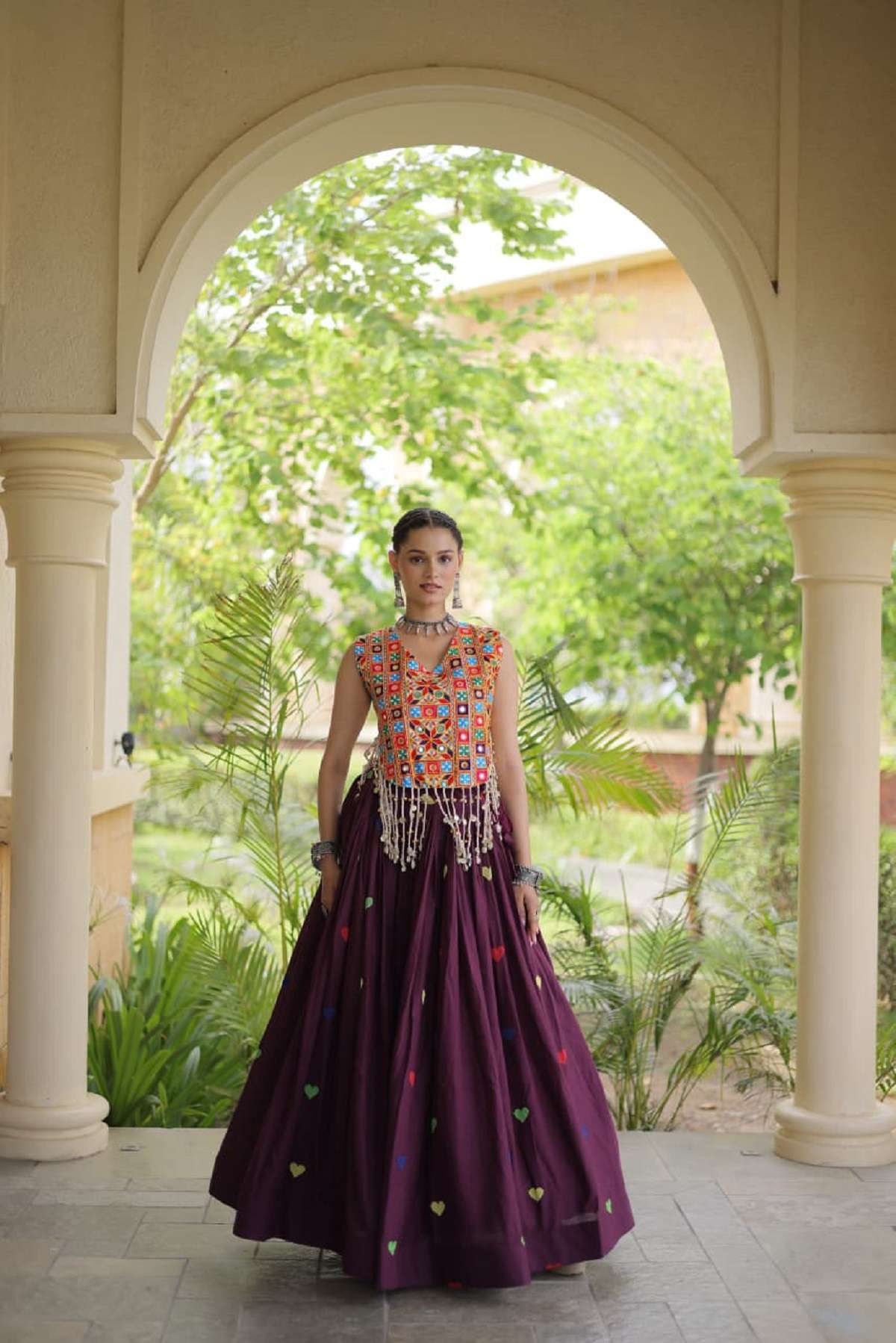 DESIGNER WEAR READYMADE COTTON PURPLE NAVRATRI LEHENGA LW 7181 C