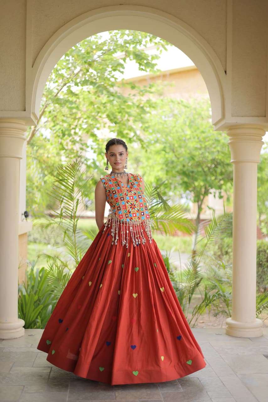 DESIGNER WEAR READYMADE COTTON RED NAVRATRI LEHENGA LW 7181 D
