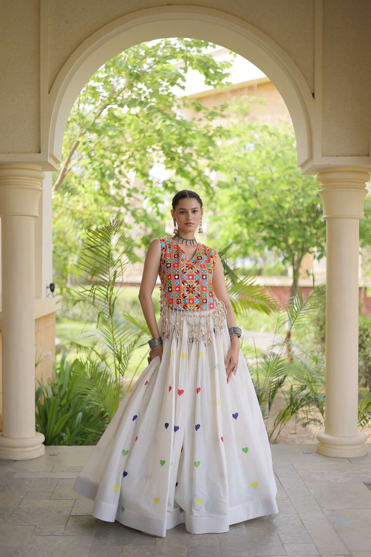 DESIGNER WEAR READYMADE COTTON WHITE NAVRATRI LEHENGA LW 7181 B