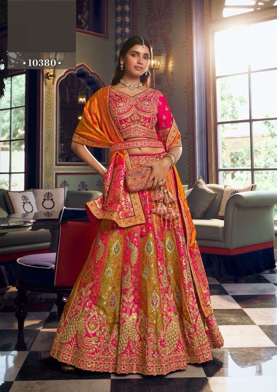 DESIGNER WEDDING BRIDAL WEAR INDIAN HEAVY MULTICOLOR BANARASI SILK LEHENGA CHOLI WITH SILK DUPATTA 1M ROYAL 10380
