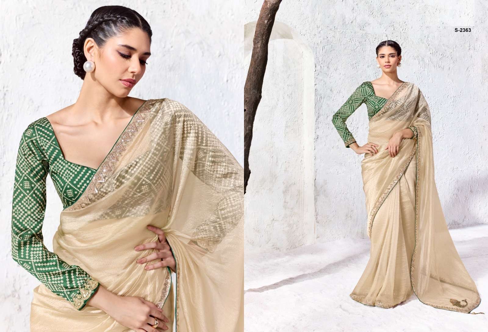 DESIGNER WEDDING PARTY WEAR FANCY WORK BEIGE SILK SAREE WITH PRINT WORK BLOUSE SM KM 2363