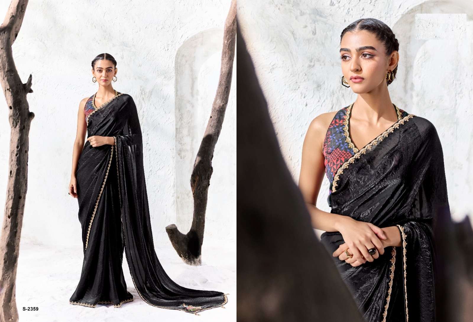 DESIGNER WEDDING PARTY WEAR FANCY WORK BLACK SILK SAREE WITH PRINT WORK BLOUSE SM KM 2359