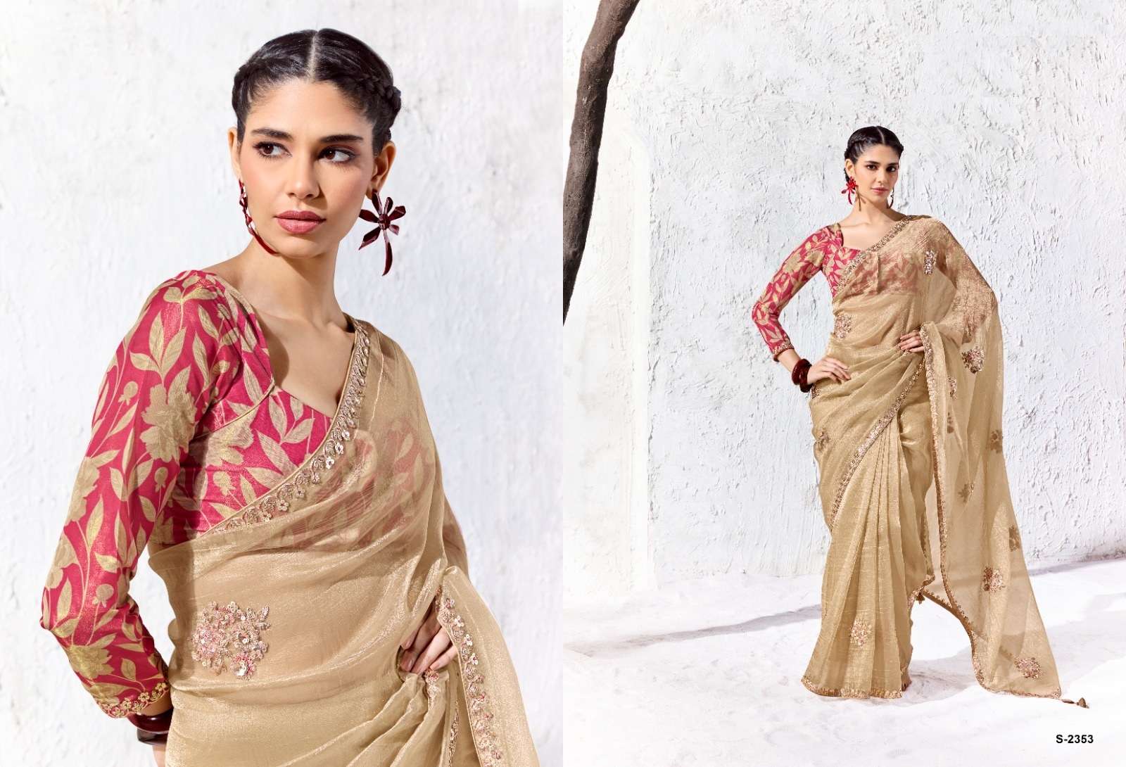 DESIGNER WEDDING PARTY WEAR FANCY WORK CHIKU SILK SAREE WITH PRINT WORK BLOUSE SM KM 2353