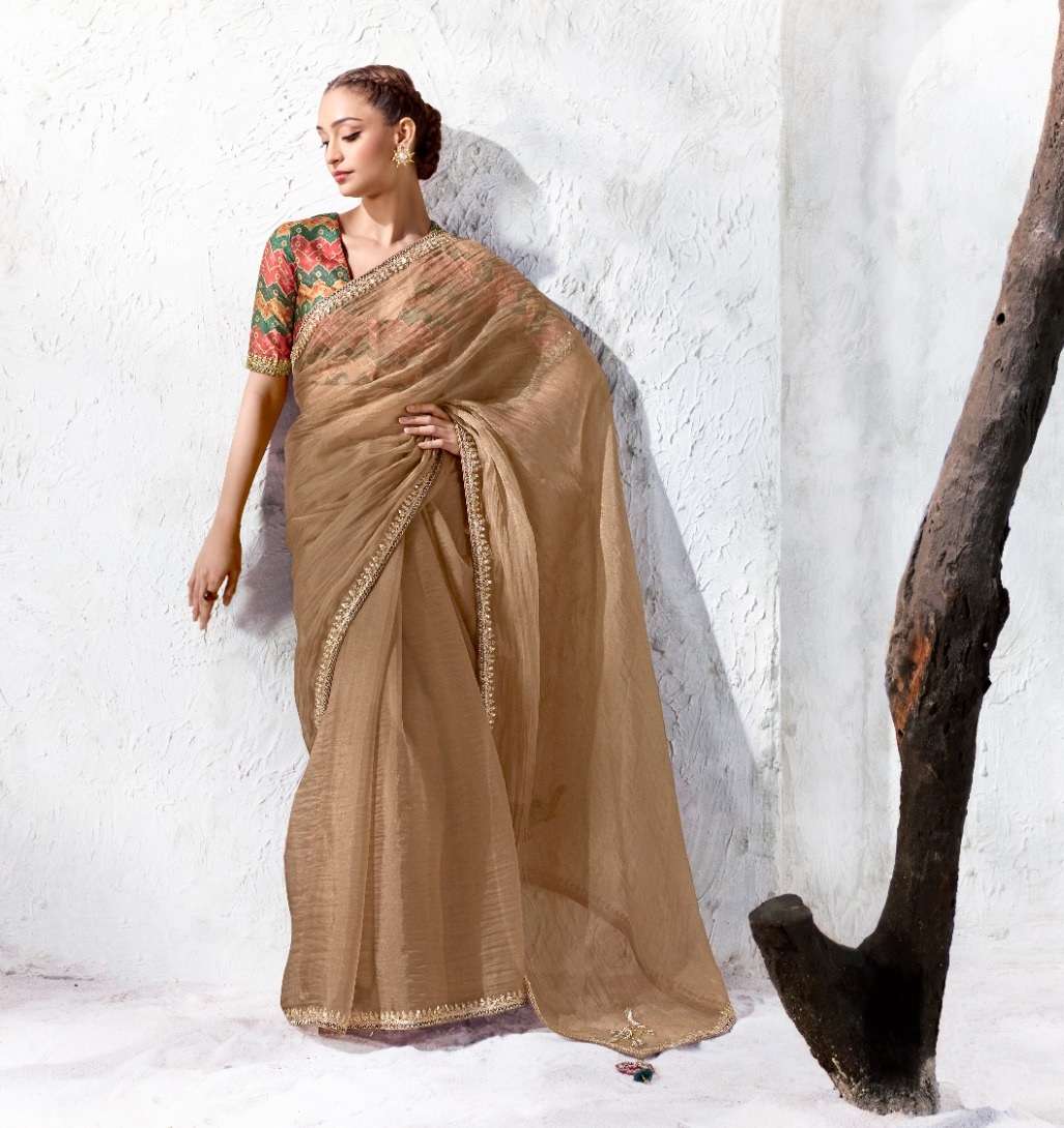 DESIGNER WEDDING PARTY WEAR FANCY WORK CHIKU SILK SAREE WITH PRINT WORK BLOUSE SM KM 2360