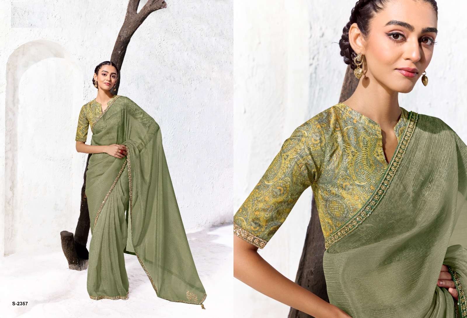 DESIGNER WEDDING PARTY WEAR FANCY WORK GREEN SILK SAREE WITH PRINT WORK BLOUSE SM KM 2357