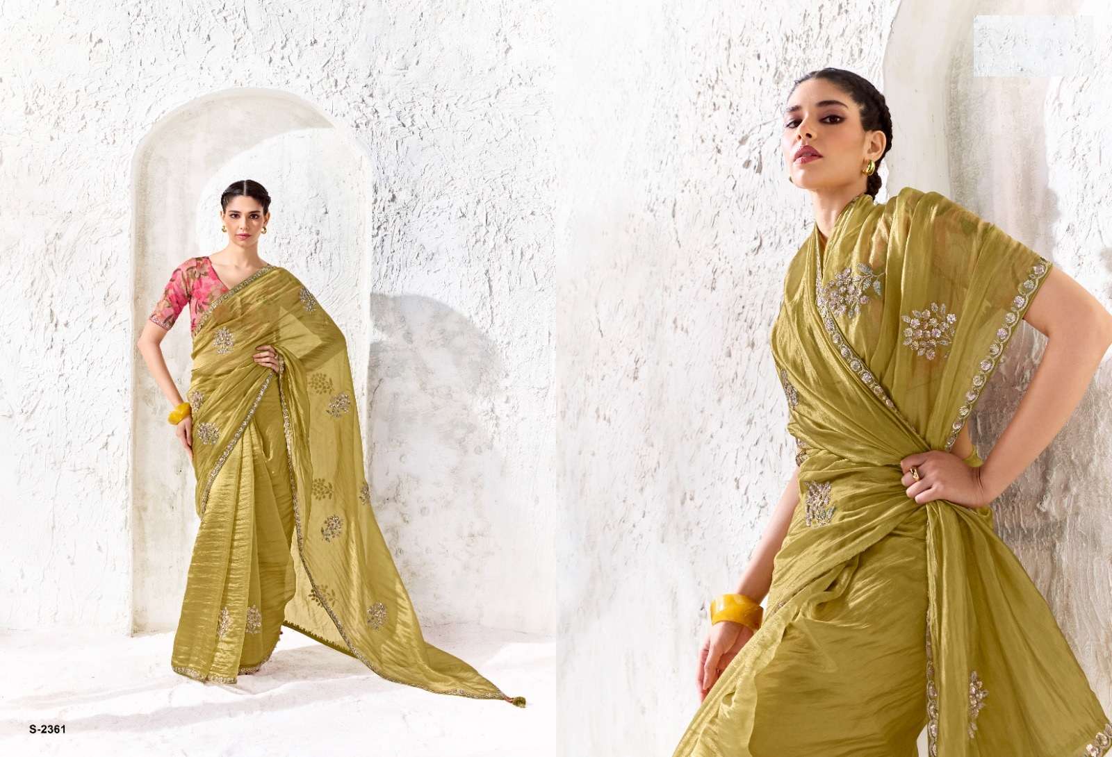 DESIGNER WEDDING PARTY WEAR FANCY WORK GREEN SILK SAREE WITH PRINT WORK BLOUSE SM KM 2361