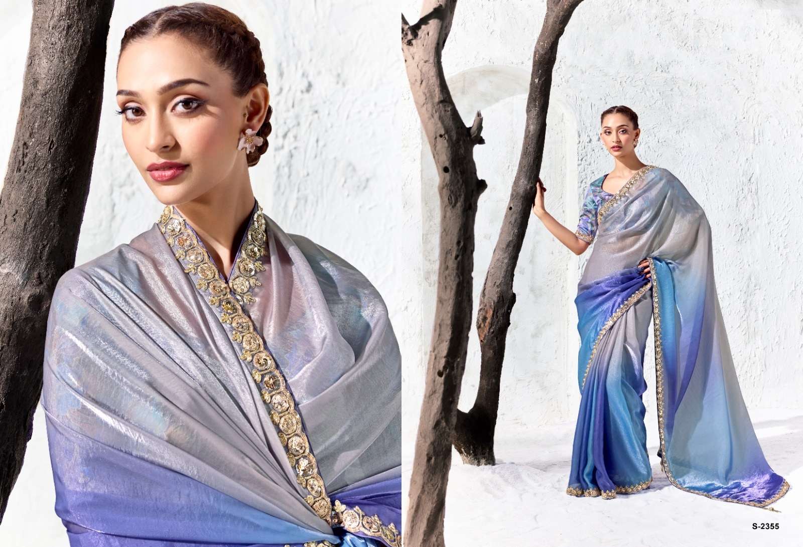 DESIGNER WEDDING PARTY WEAR FANCY WORK GREY SILK SAREE WITH PRINT WORK BLOUSE SM KM 2355