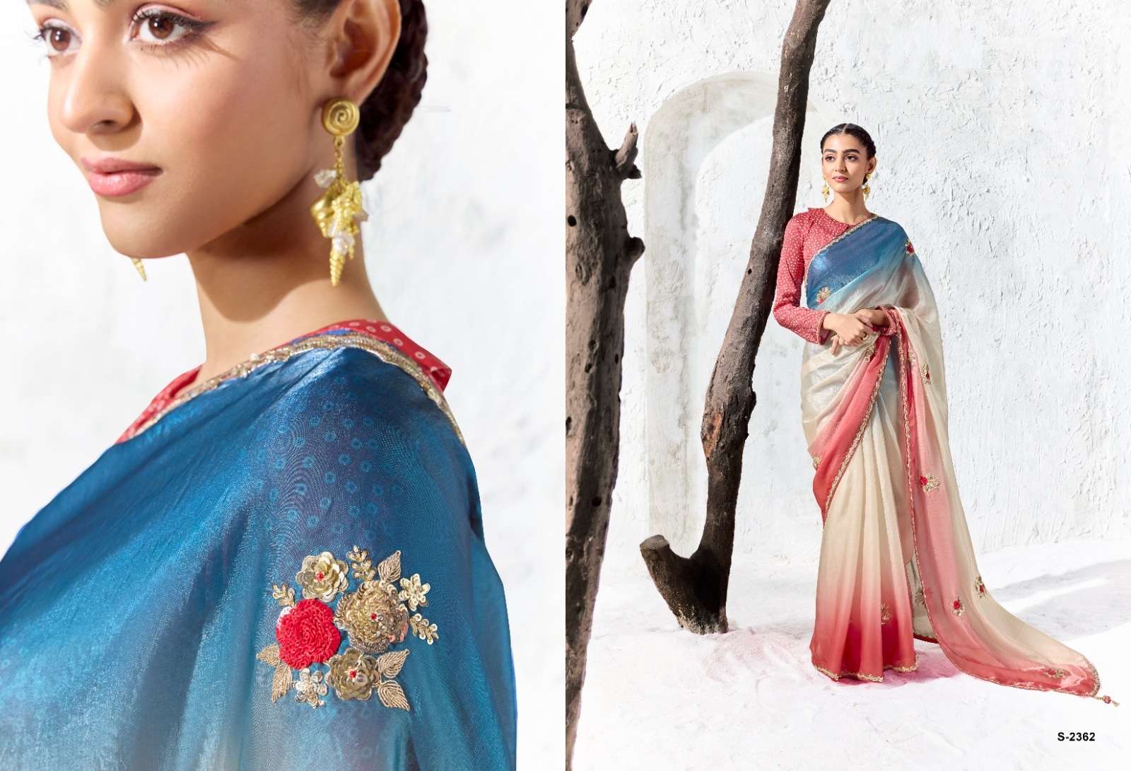 DESIGNER WEDDING PARTY WEAR FANCY WORK MULTICOLOR SILK SAREE WITH PRINT WORK BLOUSE SM KM 2362