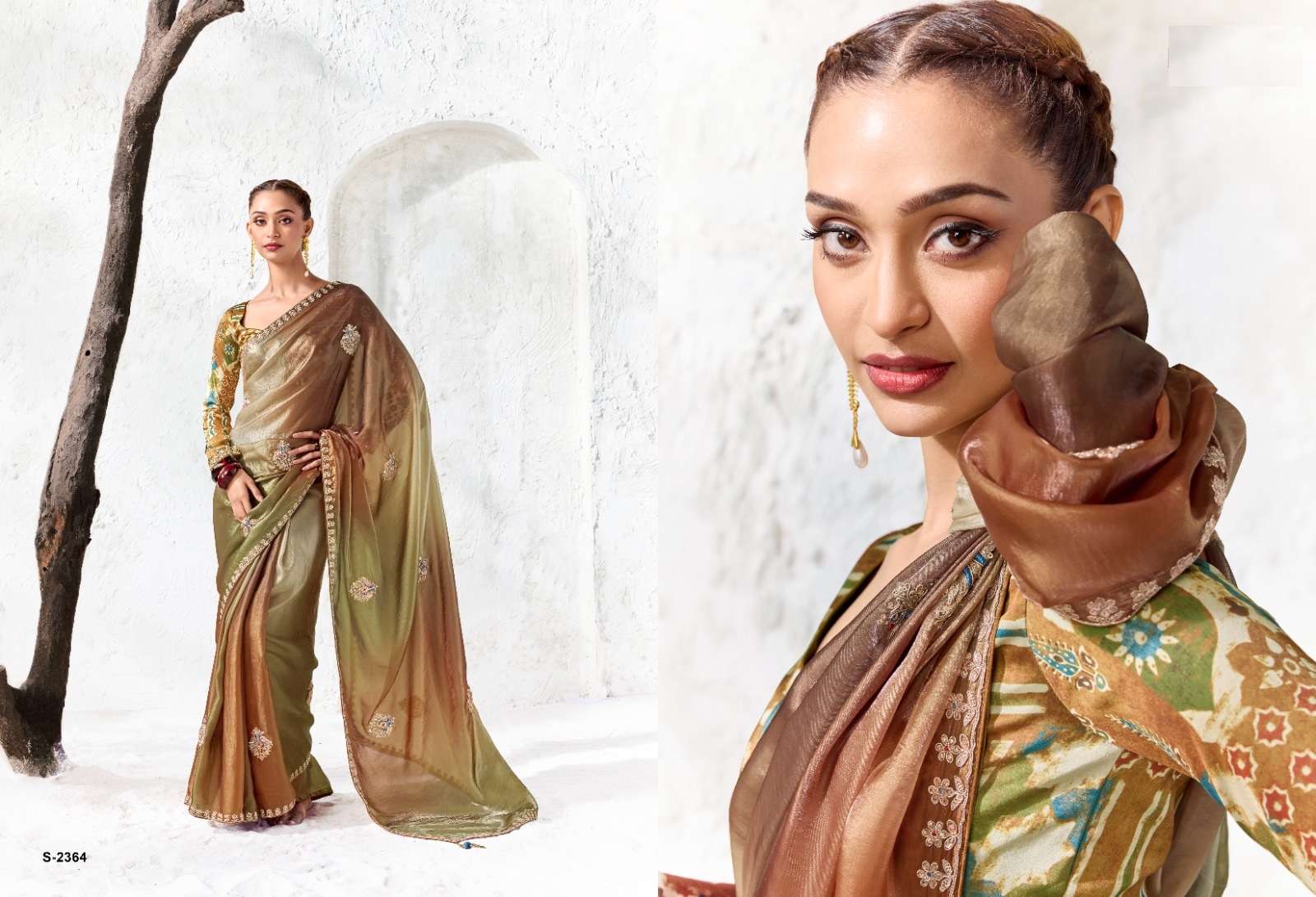 DESIGNER WEDDING PARTY WEAR FANCY WORK MULTICOLOR SILK SAREE WITH PRINT WORK BLOUSE SM KM 2364