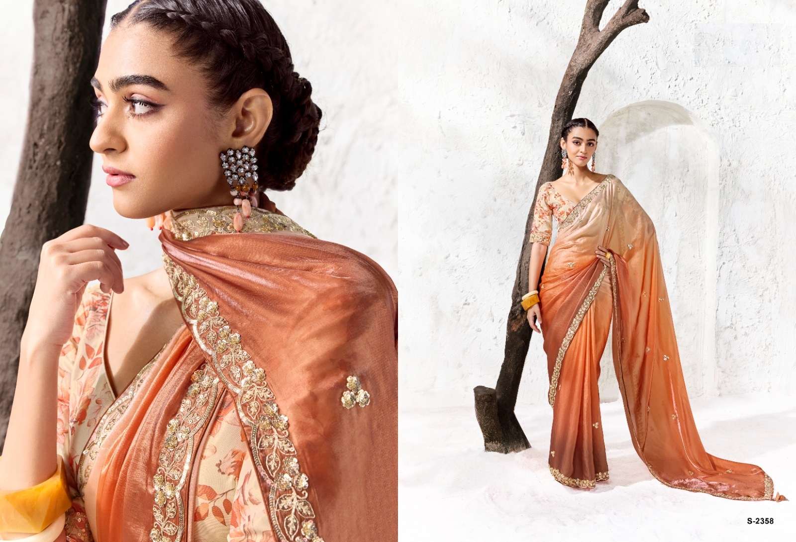 DESIGNER WEDDING PARTY WEAR FANCY WORK ORANGE SILK SAREE WITH PRINT WORK BLOUSE SM KM 2358