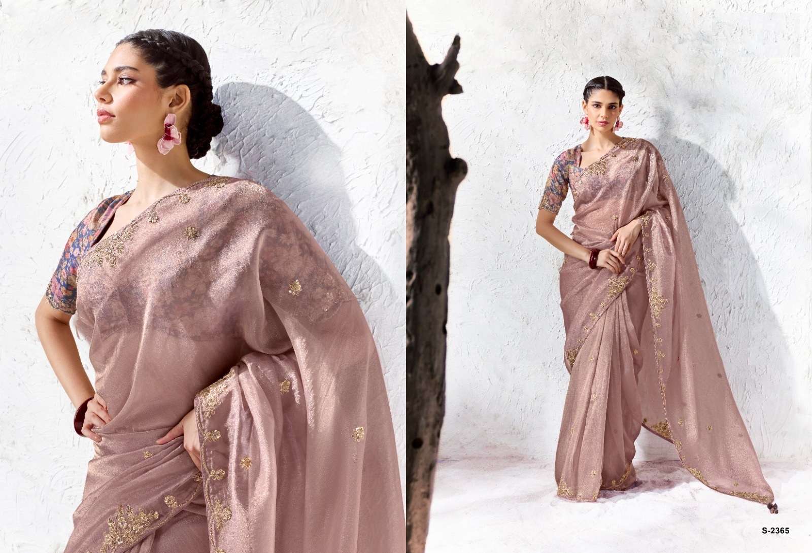 DESIGNER WEDDING PARTY WEAR FANCY WORK PEACH SILK SAREE WITH PRINT WORK BLOUSE SM KM 2365