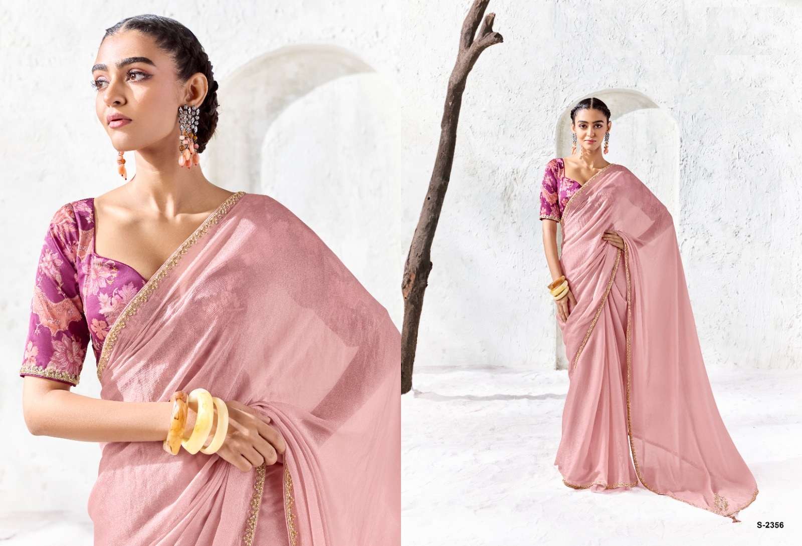 DESIGNER WEDDING PARTY WEAR FANCY WORK PINK SILK SAREE WITH PRINT WORK BLOUSE SM KM 2356