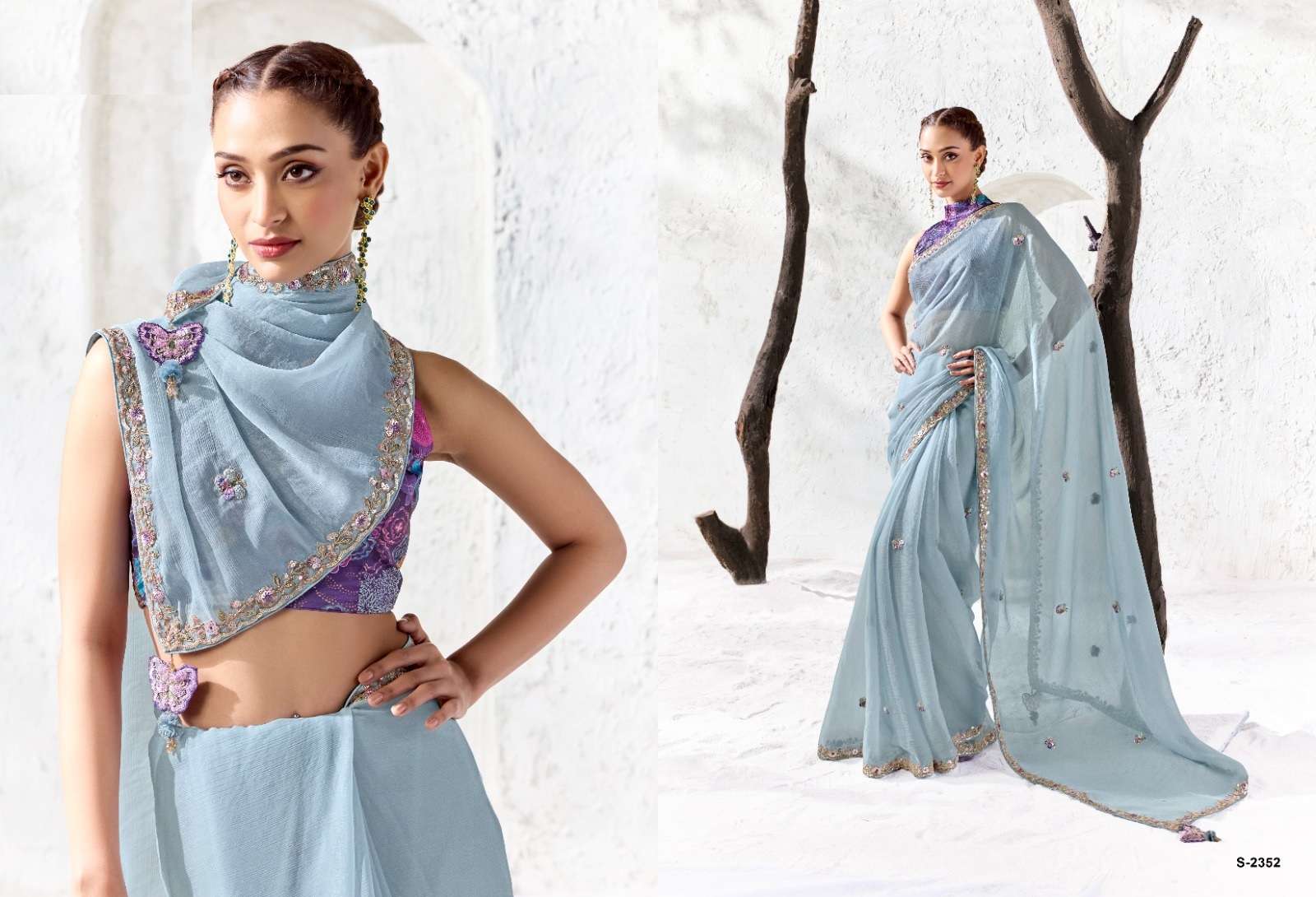 DESIGNER WEDDING PARTY WEAR FANCY WORK SILK BLUE SAREE WITH PRINT WORK BLOUSE SM KM 2352