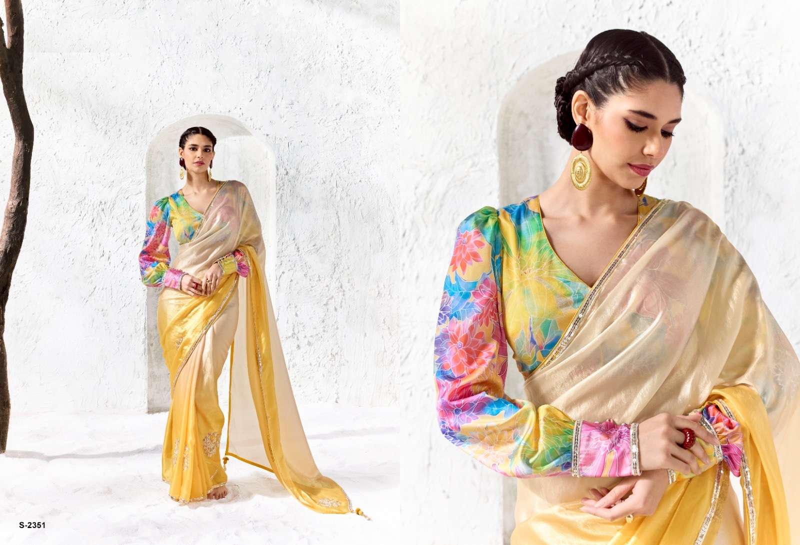 DESIGNER WEDDING PARTY WEAR FANCY WORK SILK YELLOW SAREE WITH PRINT WORK BLOUSE SM KM 2351