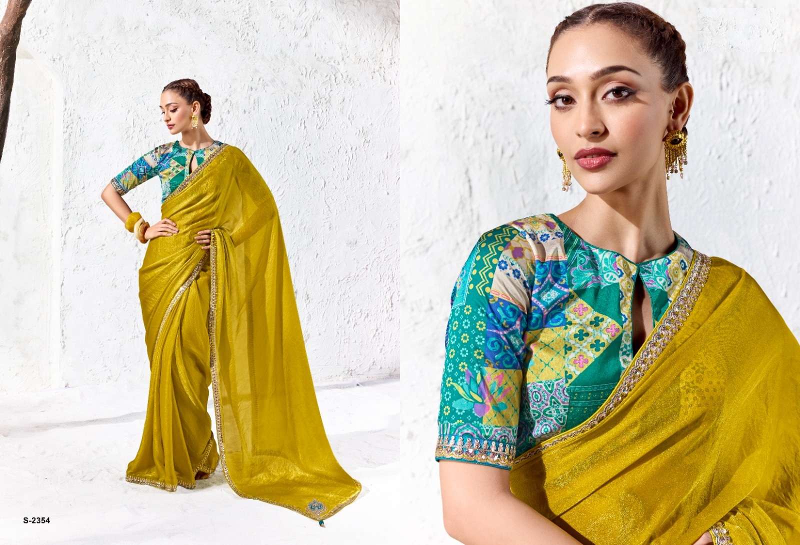 DESIGNER WEDDING PARTY WEAR FANCY WORK YELLOW SILK SAREE WITH PRINT WORK BLOUSE SM KM 2354