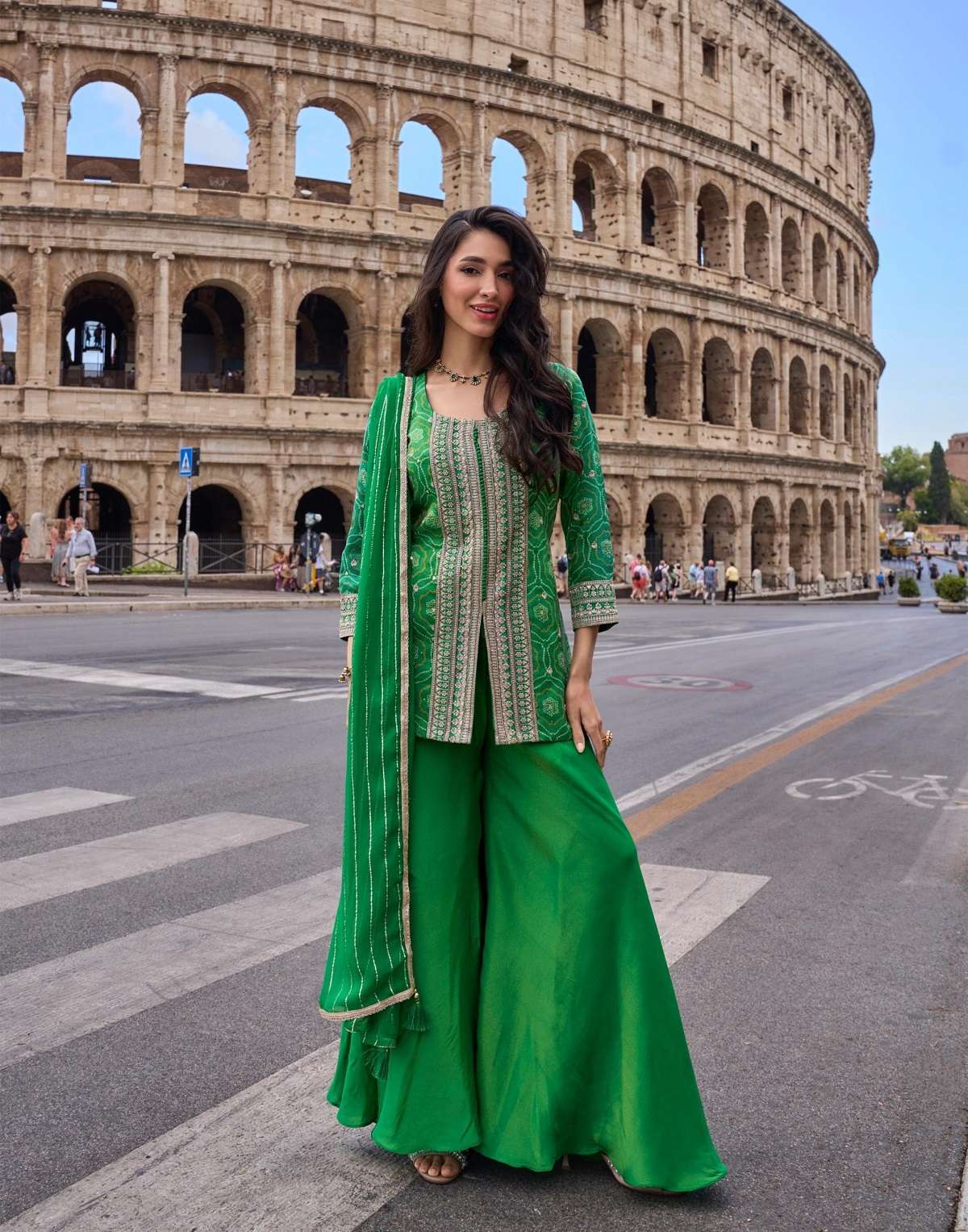 DESIGNER WEDDING PARTY WEAR SIMAR SILK GREEN PALAZZO SHARARA SALWAR SUIT SY MEHAR 20010
