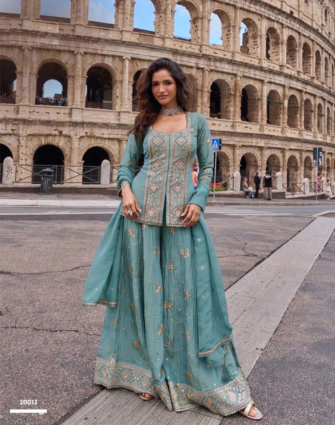 DESIGNER WEDDING PARTY WEAR SIMAR SILK SKY BLUE PALAZZO SHARARA SALWAR SUIT SY MEHAR 20012