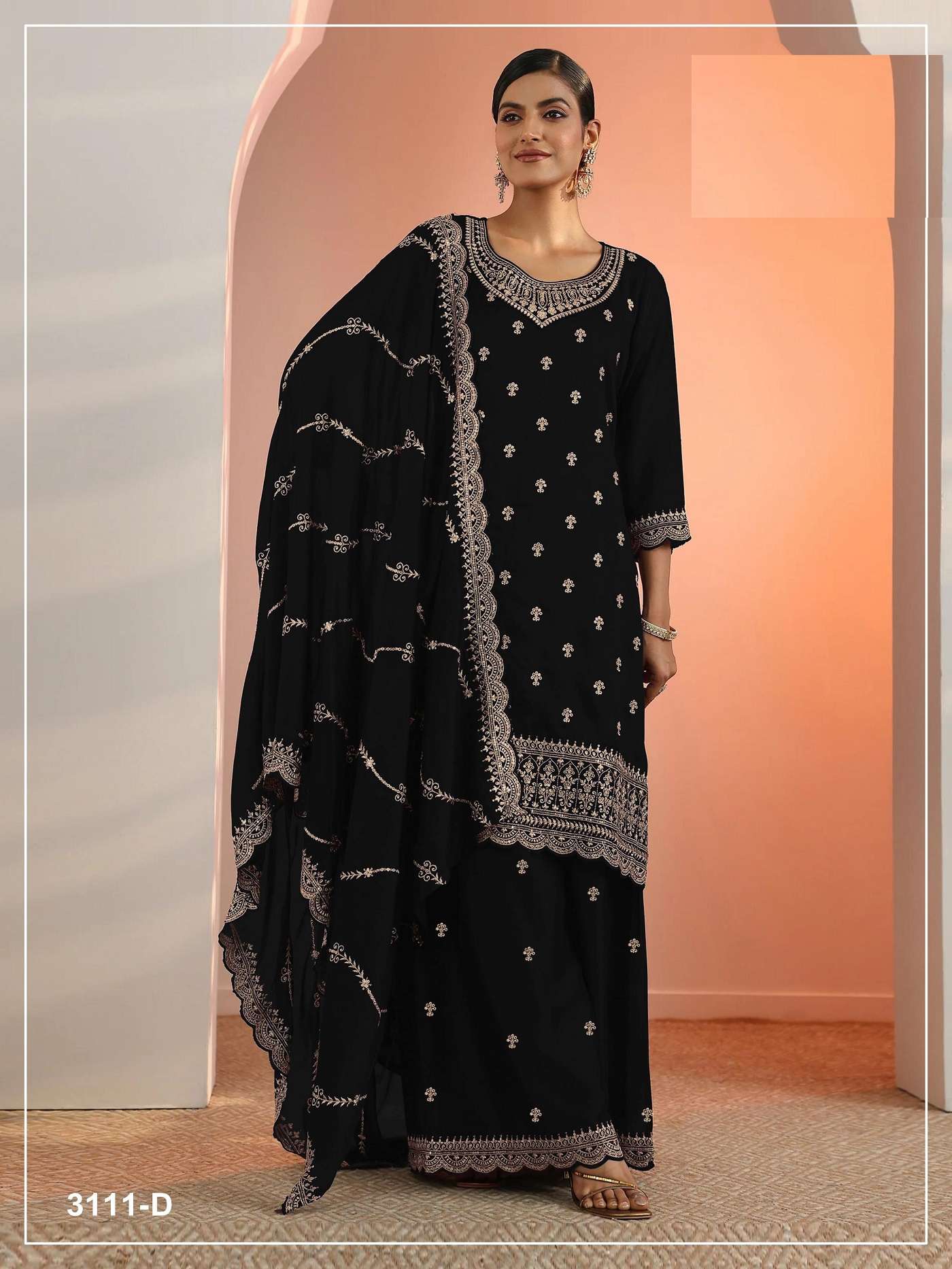 DESIGNER FANCY PARTY WEAR FAUX GEORGETTE BLACK SHARARA SALWAR SUIT PALAZZO JG 3111 D