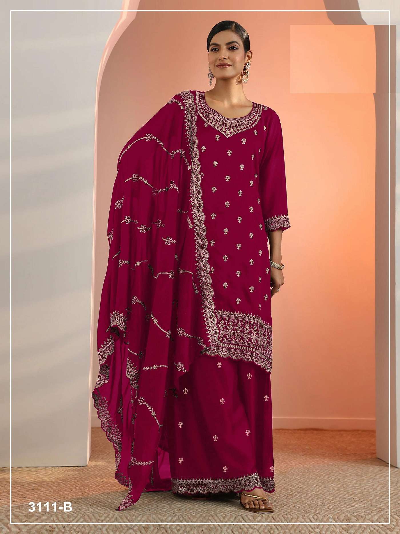 DESIGNER FANCY PARTY WEAR FAUX GEORGETTE RANI PINK SHARARA SALWAR SUIT PALAZZO JG 3111 B