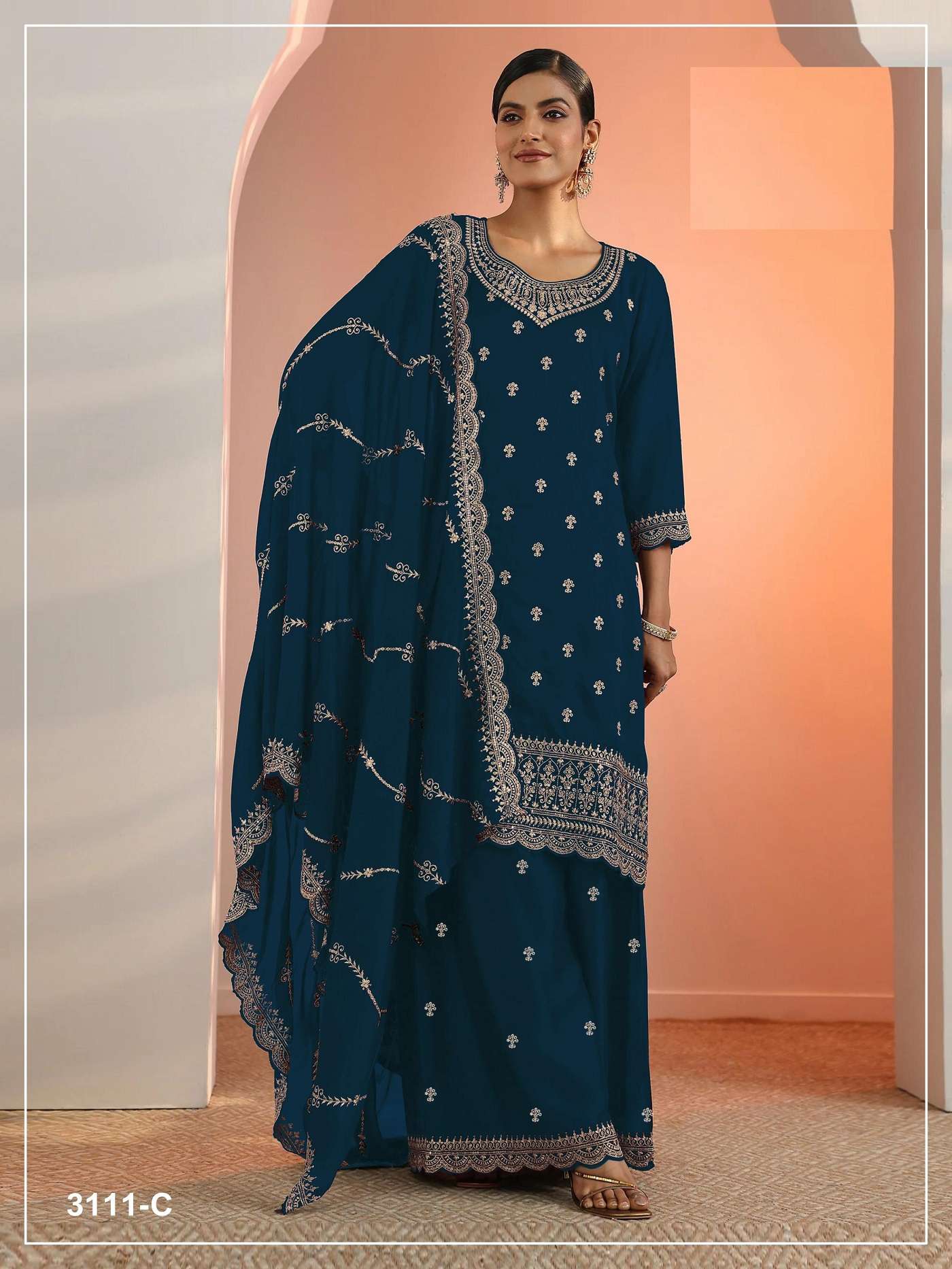 DESIGNER FANCY PARTY WEAR FAUX GEORGETTE TEAL BLUE SHARARA SALWAR SUIT PALAZZO JG 3111 C