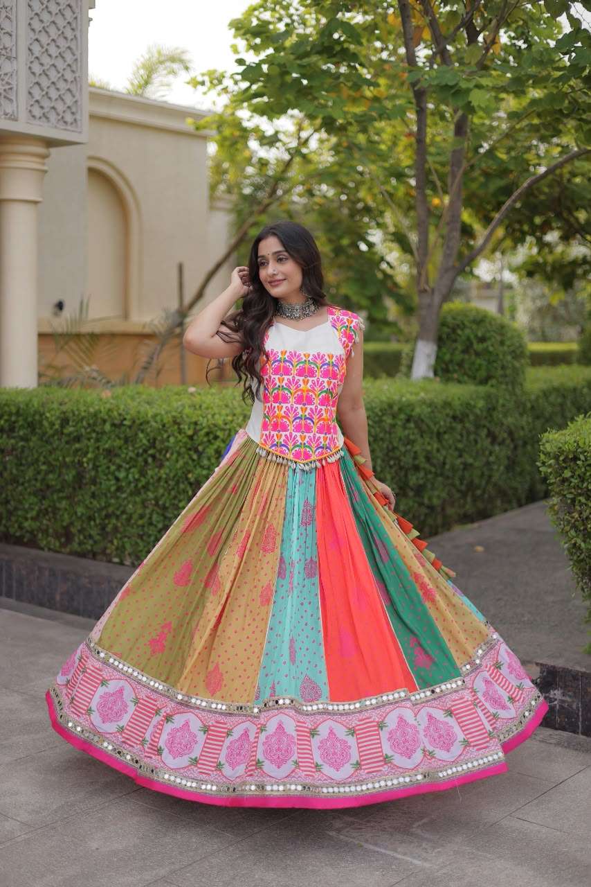 DESIGNER NAVRATRI WEAR COTON FABRIC KUTCHI WORK MULTICOLOR NAVRATRI LEHENGA LW 7186
