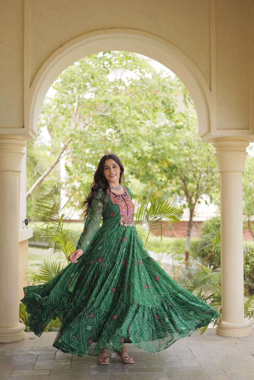 DESIGNER NAVRATRI WEAR FAUX GEORGETTE GREEN KUTCHI WORK NAVRATRI ANARKALI KURTI KU 1276 B