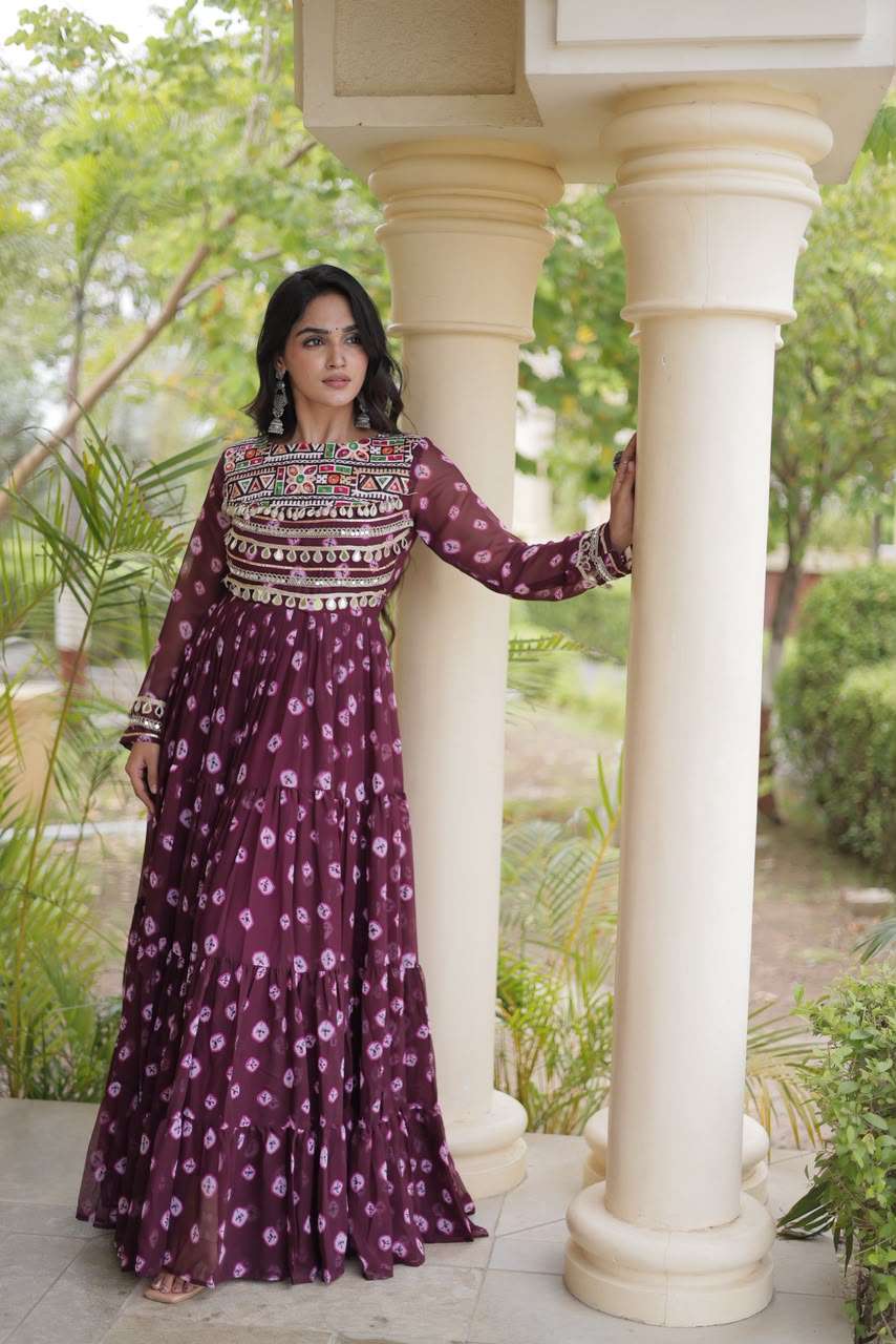 DESIGNER NAVRATRI WEAR FAUX GEORGETTE KUTCHI WORK WINE PRINTED NAVRATRI ANARKALI KURTI KU 1277 A