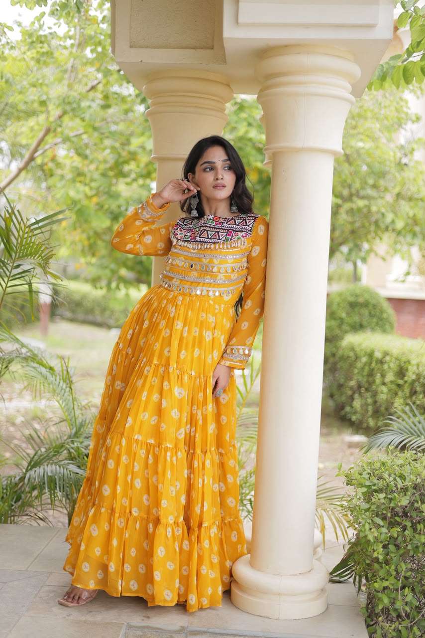 DESIGNER NAVRATRI WEAR FAUX GEORGETTE KUTCHI WORK YELLOW PRINTED NAVRATRI ANARKALI KURTI KU 1277 B