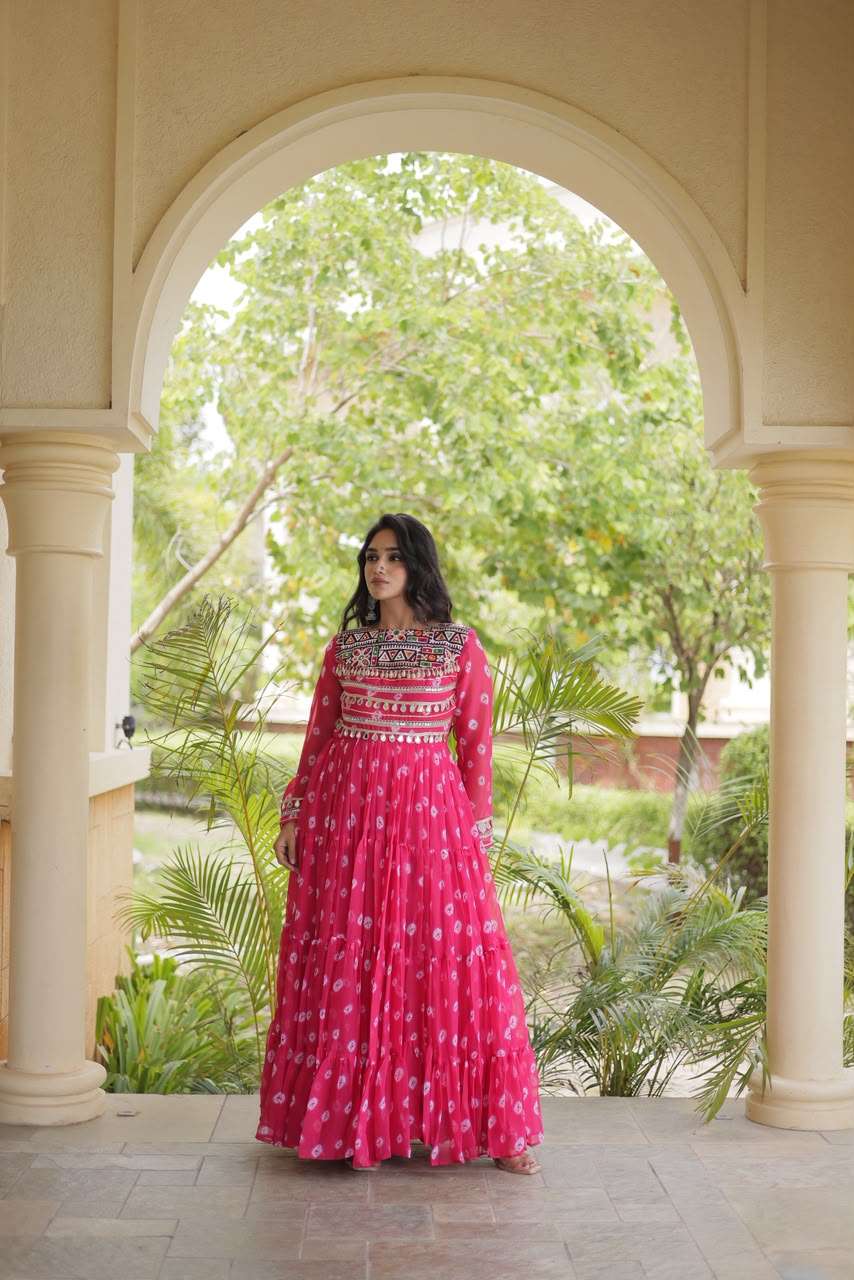 DESIGNER NAVRATRI WEAR FAUX GEORGETTE KUTCHI WORK PINK PRINTED NAVRATRI ANARKALI KURTI KU 1277 C