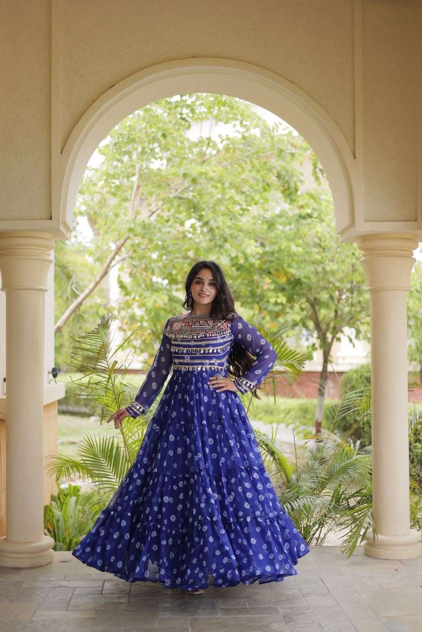 DESIGNER NAVRATRI WEAR FAUX GEORGETTE KUTCHI WORK BLUE PRINTED NAVRATRI ANARKALI KURTI KU 1277 D