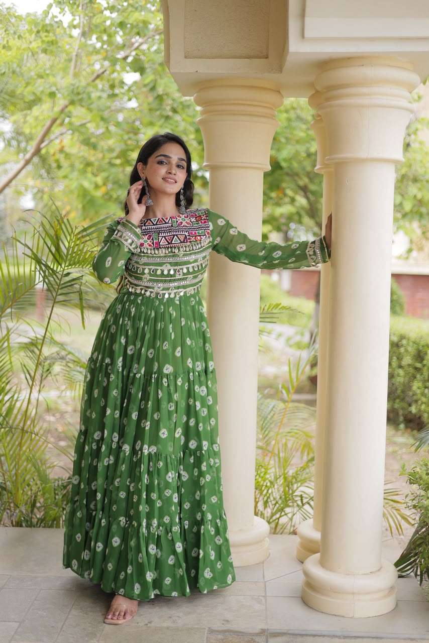 DESIGNER NAVRATRI WEAR FAUX GEORGETTE KUTCHI WORK GREEN PRINTED NAVRATRI ANARKALI KURTI KU 1277 E